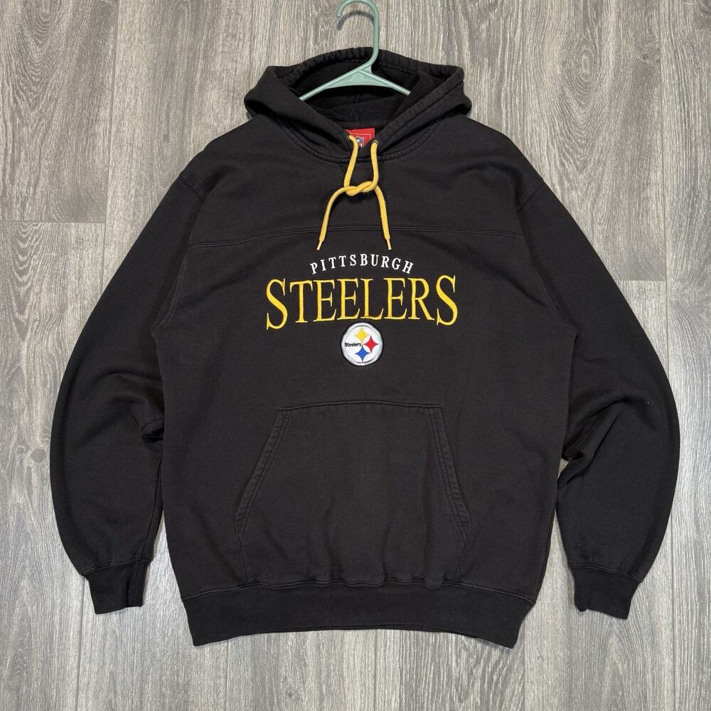 Vtg NFL Pittsburgh Steelers Men’s XL Black Faded Embroidered Pullover Hoodie